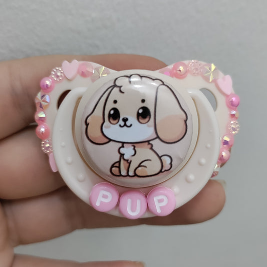 'Pup' Pink Puppy Small Shield Remake Paci